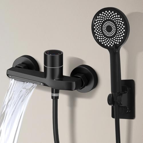 Dnkelar Grifo mezclador para bañera con alcachofa de mano, manguera y soporte de pared, color negro