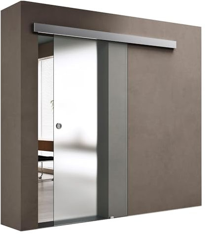 doporro Glasschiebetür Komplettset 90 x 205 cm | 15mm Wandabstand | Schiebetür mit ESG-Sicherheitsglas | Zimmertür Glas Satiniert mit Muschelgriff | Amalfi-plus 12