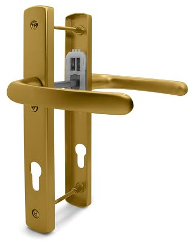 TSS Gold UPVC Door Handle Pair Set, 92mm PZ (Centres), Sprung, Lever Lever, 215mm Top to Bottom Screw (Screw Centres), 3X Fixing Points, Backplate 260mm x 35mm - Replacement PVC Door Handle