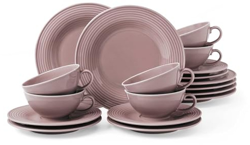 Seltmann Weiden Beat Color Glaze Teeservice 18-teilig | Brotteller (17 cm), Teetassen (140 ml) und Teeuntertassen (14 cm) für 6 Personen | Geschirr mit Rillenrelief | Porzellan | Altrosa
