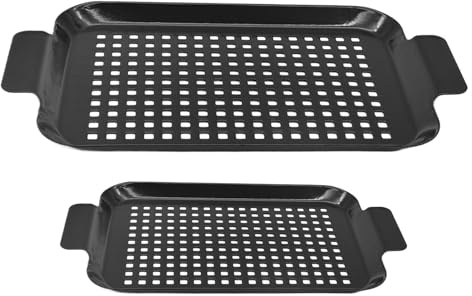 Sartén para barbacoa, 2 bandeja para barbacoa, parrilla antiadherente con asas. Utensilios de cocina de camping, uso interior y exterior para parrillas de carbón, parrillas ahumadas