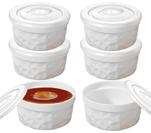 Porcelain Ramekins with Lids 8oz Ceramic Souffle Dishes Ramekins Oven Proof 10cm Ceramic Dip Bowl 240ml Baking Bowl Creme Brulee Dish for Cakes Pudding Ice Cream Egg Mould Muffin Cases White 6Pcs