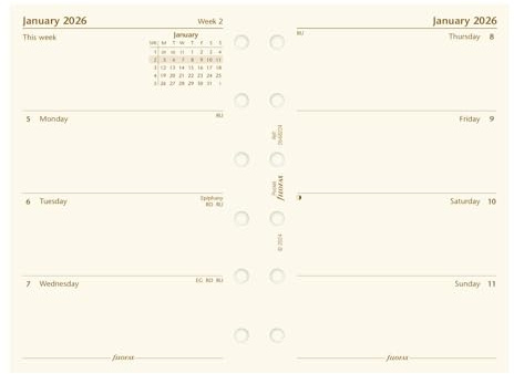 Filofax Calendar Diary Refill, Pocket Size, Week-to-View, Cotton Cream Paper, Unruled, English, 2026 (C68224-26)