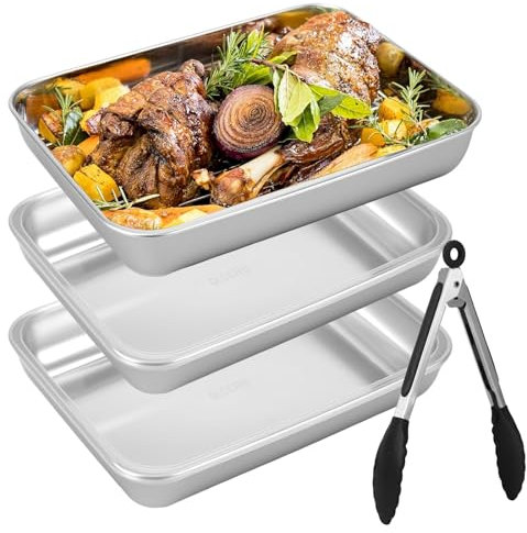 Miawtro Juego de 3 cuencos para empanar, con pinzas para hornear, cuenco de acero inoxidable 316 rectangular con tapa transparente de polietileno, bandeja pequeña para hornear, bandeja para preparar