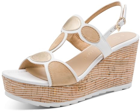 MARCO TOZZI sandalo con zeppa da donna morbido plantare Feel Me fodera interna morbida alla moda, bianco (WHITE COMB), 39 EU