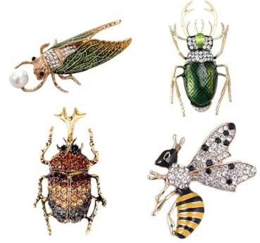 Smile Wood Rhinestone Insect Brooch Set for Women, 4PCS