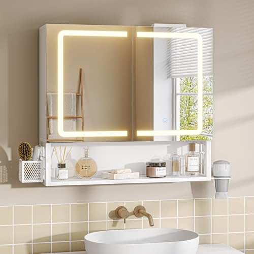 FORABAMB Armario Espejo Baño 60x16x60, Espejo de Baño con Luz Led y Estación de Carga, Mueble Baño con Cesta de Almacenamiento y Estante Interior Ajustable, Tres Temperaturas de Color, Control táctil