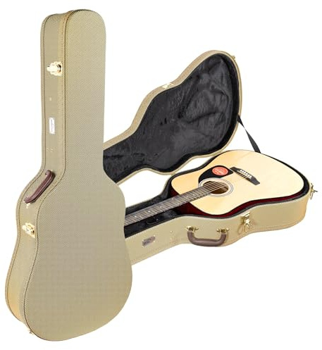 Gearlux Dreadnought Acoustic Guitar Hard Case with Exterior Lock and Key, Interior Accessory Compartment, and Plush Interior Padding - Tweed