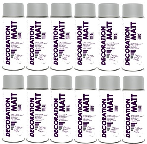 DECO COLOR 12er Sparpack Lackspray MATT nach RAL in 400ml zur Lackierung von Auto Stahl Aluminium Beton Holz (12 Dosen in lichtgrau MATT RAL 7035)
