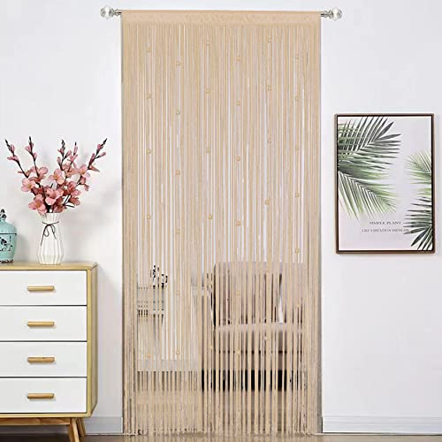 HSYLYM Beaded Curtain Beads Door String Curtains Ideal for Living Room Decor Wall Hanging Fringe Doorway Divider Bedroom Backdrop Hippie Window Closet Privacy Rod Pocket Dense (100x200cm,Beige)