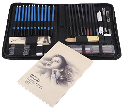 48pcs Profesional Dibujo de Arte y Lápiz Dibujo Conjunto de Lápiz de Carbón, Incluye Lápices Pastel, Grafito, Carboncillos, Bloc, Bolsa de Cremallera Portátil