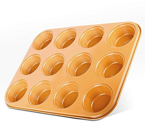 LavoHome Copper Ceramic Nonstick Solid Aluminum Muffin Pan for 12 Muffins Cupcakes Popovers Yorkshire Puddings