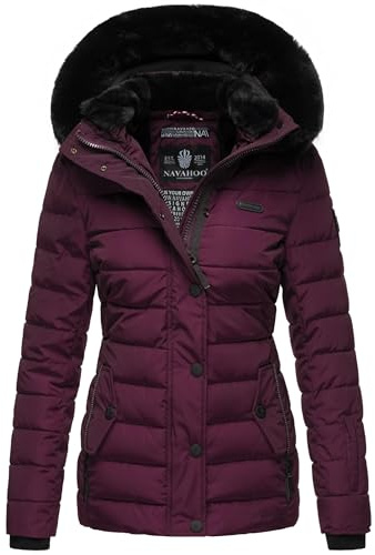 Navahoo Damen warme Winter Steppjacke mit abnehmbarer Kunstfell-Kapuze Milianaa Aubergine Gr. L