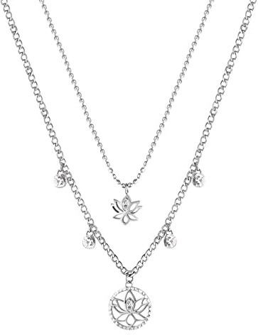 Brosway Zweireihige Halskette CHAKRA mit Lotusblumen Anhängern für Damen aus Edelstahl mit Kristallen in der Farbe Silber, Länge: 49 cm, BHKN064