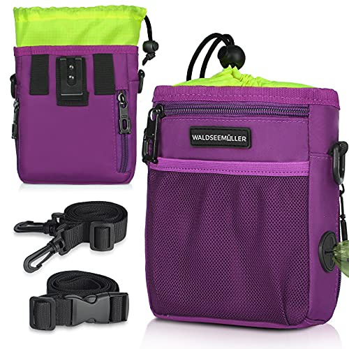 Borsa viola per cani – Borsa da passeggio con tasche multiple e dispenser per sacchetti, cintura regolabile in 3 modi