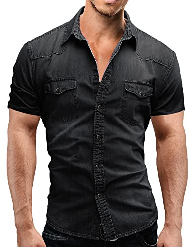 Camicie di Jeans a Maniche Corte da Uomo Camicia abbottonata Retro Summer Regular Fit Top Camicie di Jeans alla Moda