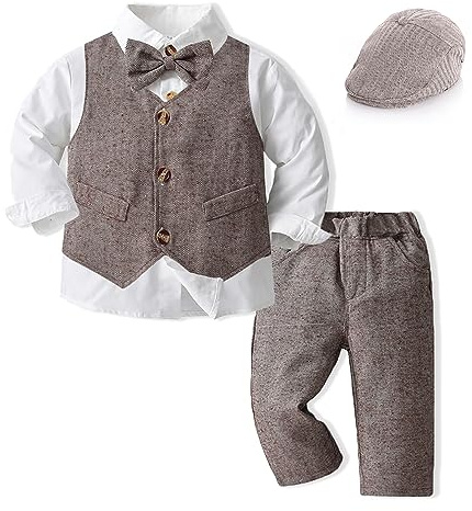Baby Boys Gentleman Suit, Toddler Formal Waistcoat Outfit Wedding Shirts + Vest +Bow Tie 5 PCS Set(9-12 Months,Brown,Tag Size 70)