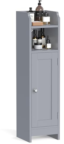 VASAGLE Meuble de Salle de Bain, Armoire d’Angle avec Porte et Étagères, Organisateur de Rangement, Meuble Étroit pour Papier Toilette, Étagères Réglables, 20 x 18 x 80 cm, Gris Mystique BBC310P36