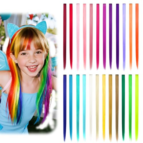 Dreamlover Haarsträhnen zum Einklipsen, Bunte Haarsträhnen Kinder, Bunte Strähnen für Kinder, 24 Stücke