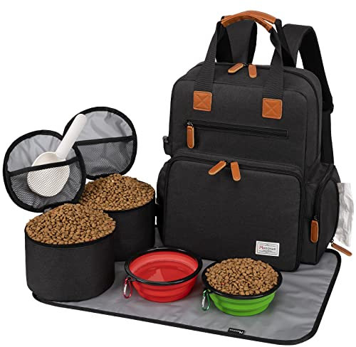 Modoker Dog Travel Bag, Airline Approved Backpack for Pet Accessories Organizer, Tote Weekend Bag with 2 Dog Food Storage Containers, 2 Collapsible Dog Bowls, 1 Pet Mat, Black