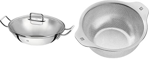 ZWILLING 40992-332-0 Wok, Incl. Glass Lid and Removable Grid Insert, Ø 32 cm, Stainless Steel, Plus, Silver & Stainless Steel Colander, 16 cm, Matte Stainless Steel, 17 x 16 x 8 cm