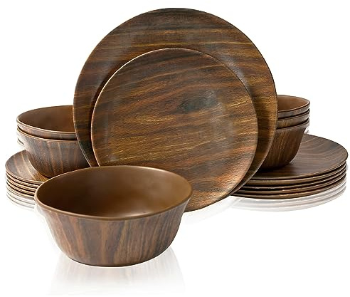 TP 18-Piece Dinnerware Set, Melamine Dishes Set with Bowls and Plates, Service for 6, Non-breakable Lightweight Dining Tableware, Rosewood Grain