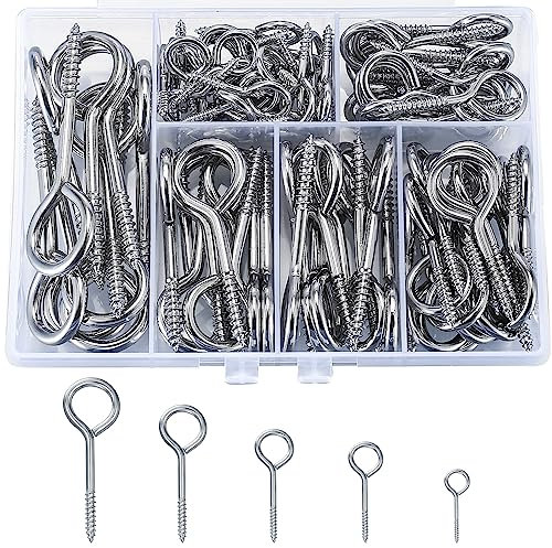 105 Pcs Screw in Eye Hooks, Screw Eye Pins Hook, Eyelet Screws, Hooks and Eyes Set for Wood, Ring Wall Hangers, 25mm/35mm/40mm/50mm/65mm