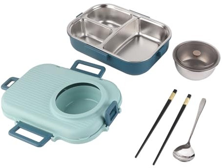 Boîte à Déjeuner, Boîte à Déjeuner Thermique en Acier Inoxydable 304 avec Cuillère, Baguettes et Bol à Soupe Double Couche 3 Compartiments de Stockage des Aliments, (BLUE)