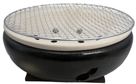 Japanese Tabletop BBQ Charcoal Grill Water Stove - with Metal Grate and Wood Base - 11.81 x 11.81 in - Made in Japan