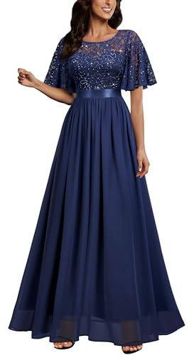 MIUSOL Women's Elegant Flutter Sleeves Lace Sequin Prom Bridesmaids Party Gown Formal Maxi Dress (X-Large, Navy Blue)