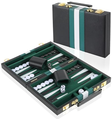 Set de Backgammon pour 2 Joueurs, Valise Backgammon avec Accessoires complets, Set de Jeu de Voyage Back-Gammon Portable avec poignée,15 Pouces (Vert)
