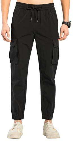 TONY BACKER Pantaloni Cargo da Uomo, Tessuto Leggero Estivo, Vita Elasticizzata con Lacci 2223 (IT, Testo, XL, Regular, Regular, Nero)