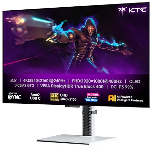 KTC 32 Zoll 4K OLED Monitor, Dual Modus 4K@240Hz/1080P@480HZ Gaming Monitor, 0,03ms, FreeSync/G-Sync, HDR Ture Black 400, HDMI 2.1, DP 1.4, 65W USB C, 3 x USB A 3.0, KVM