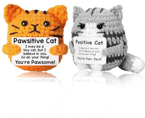 Zamety - Figuras de peluche tejidas a ganchillo positivas, 2 piezas, juguete de apoyo emocional, regalos positivos para gatos, regalo motivador, amuleto de la suerte con tarjeta de aliento, regalos de