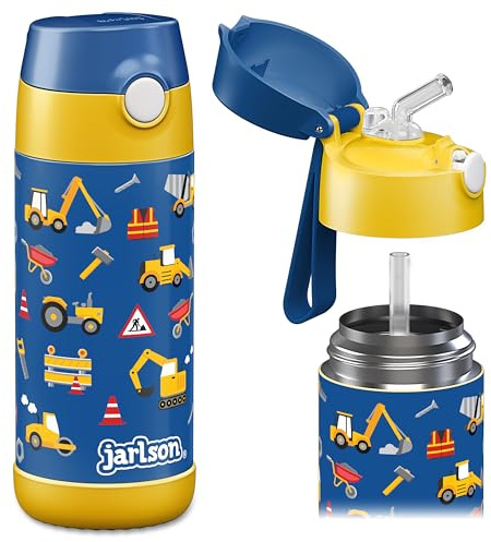 JARLSON Termosflaska för barn i rostfritt stål Charli [med ström] – termosflaska – läckagesäker – termosflaska – vattenflaska för barn – termosflaska för skola och dagis (350 ml, byggarbetsplats)