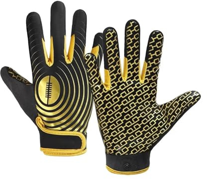 Guantes de rugby, guantes de silicona antideslizantes para deportes al aire libre para niños y niñas, receptor ancho adhesivo (negro dorado, XS)