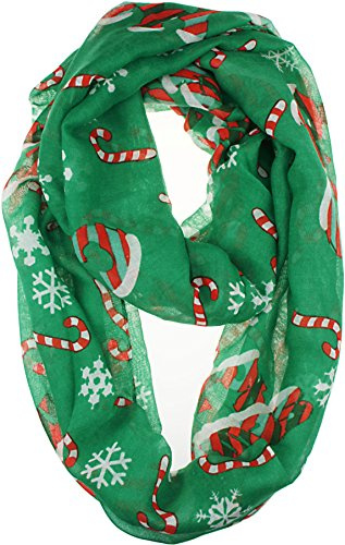 VIVIAN & VINCENT Fall Winter Soft Lightweight Sheer Infinity Christmas Scarf for Women Holiday Decorations for Girls Green Snowflake and Candy Cane