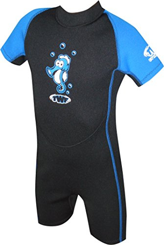 TWF KIDS SHORTY WETSUIT SHORTIE CHILDS CHILDRENS BOYS GIRLS UV SWIM SUN WET SUIT PIRATE SEAHORSE (Blue Seahorse, 7-8 Years)