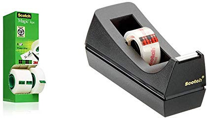 Scotch Magic Klebeband Promotion – Transparenter & matter Klebefilm – 19 mm x 33 m – 8 Rollen & Klebebandabroller – Tischabroller in Schwarz – Inkl. 1 Rolle Scotch Crystal Klebefilm 19 mm x 10 m