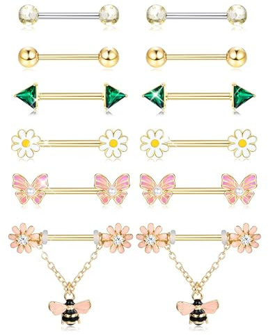 Kakonia 6 Paires Piercing Téton Mamelon pour Femmes en Acier Inoxydable 316L Coeur Papillon Lune CZ Fleur Barbell de Téton Ensemble Mignon Piercing Mamelon Bijoux