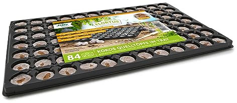 FLORTUS - Kokosquelltöpfe mit Anzuchtplatte 53x32x3cm - 84 Quelltöpfe torffrei & biologisch abbaubar - Anzuchterde Kokoserde Alternative zu Kokos Quelltabletten - Für Anzucht von Samen & Setzlingen