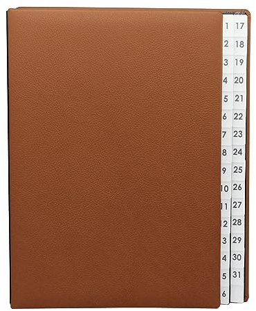 Pultordner mit Register 1-31, genarbtes Vollrindleder in Cognac, passend für DIN A4, Softcover mit dehnbarem Rücken, Register-Trennblätter aus schwarzer Kartonage mit Sichtlöchern