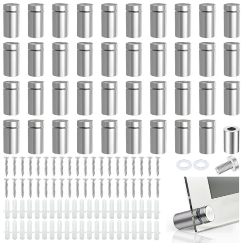 XSHAO® 40 separadores de acero inoxidable, espaciadores de pared, acero inoxidable, con tacos y tornillos para montar y fijar cristal, espejo, acrílico, marco de fotos (plateado, 12 x 25 mm)