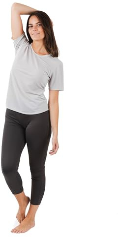 TRAMAS+ Ensemble de vêtements de sport pour femmes, survêtement deux pièces avec T-shirt à manches courtes et legging long, vêtements confortables de fitness et de gymnastique (Pearl Grey/Marengo, L)