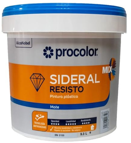 Pintura de interior y exterior antimanchas blanca Sideral Resisto, Alta resistencia, Excelente rendimiento de 11-13 m²/L. Alta lavabilidad, muy buena cubrición, protección antimoho. (10 Litros)