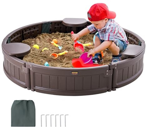 VEVOR Sandkasten mit Abdeckung, runder Sandkasten, HDPE-Sandgrube mit 3 Ecksitzen & Bodenauskleidung, Kindersandkasten für Garten, Strand, für Jungen & Mädchen im Alter von 3–12 Jahren, braun