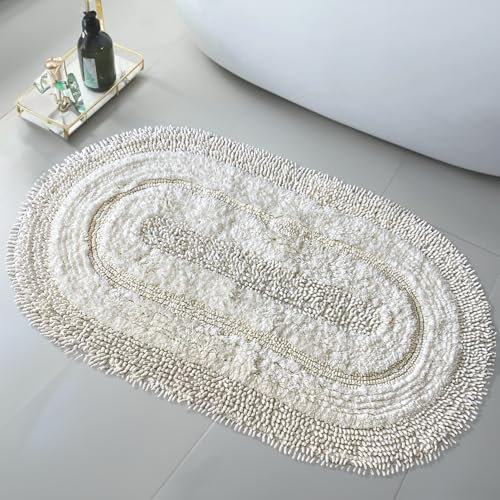 Bonny Home Oval Baumwoll-Badematte | Badezimmerteppich, Badteppich | Weiche Bad- und Duschvorleger | Für Bad, Dusche und Toilette, Maschinenwaschbar Badvorleger (Creme, 60x100)