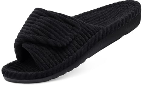 Litfun Orthopedic Slippers for Women Arch Support Indoor House Slippers Adjustable Open Toe Corduroy Bedroom Shoes with Memory Foam for Plantar Fasciitis, Black 39