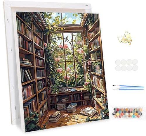 MEIYUDA Pintar por Numeros Adultos con Marco Paisaje Estantería, Cuadros por Numeros, DIY Pintura por Numeros Kit Manualidades Adultos, Decoración para el Hogar Regalo de pared 30x40cm