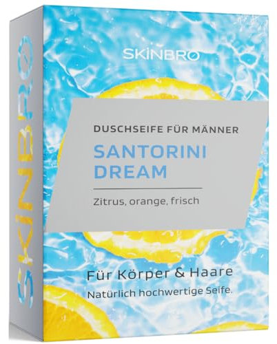 SKINBRO Gel doccia solido da uomo Santorini Dream – sapone da doccia da uomo agrumi, arancione e fresco, prodotto in Germania, shampoo da uomo, vegano e sostenibile, senza silicone, sapone solido